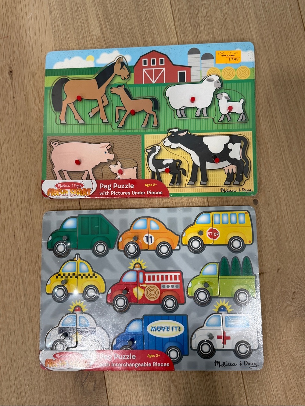 Melissa & Doug Fresh Start Peg Puzzles Wooden Set of 2 Farm and Vehicles
